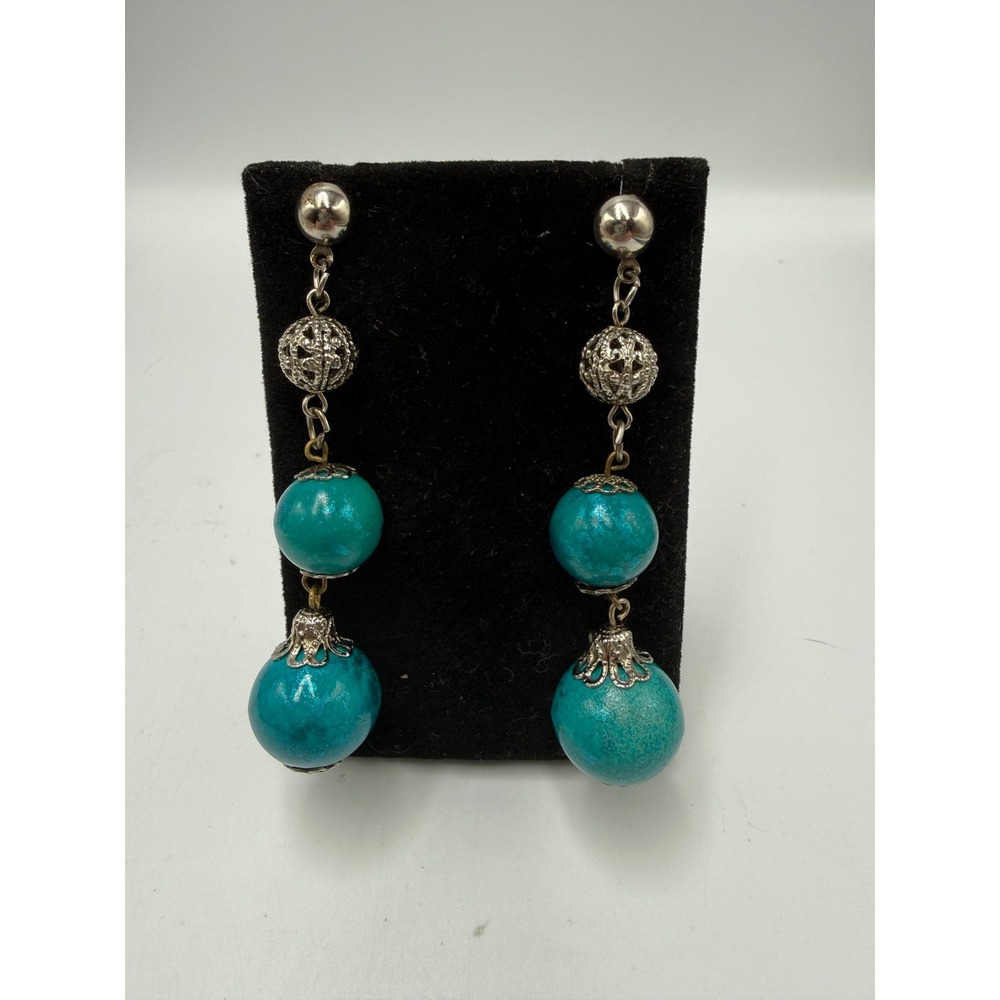 Vintage Teal Turquoise Blue Bead Drop Earrings Silver Tone Filigree Dangle 3"